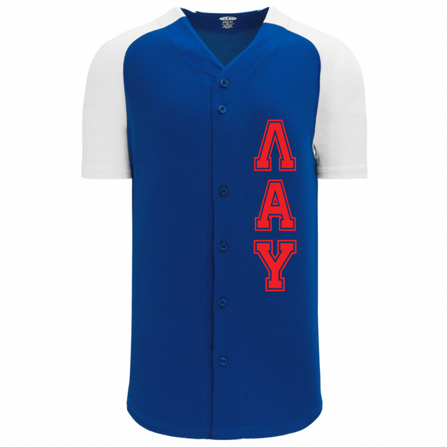 Greek Two Tone Full Button Baseball Jersey, Varsity Design