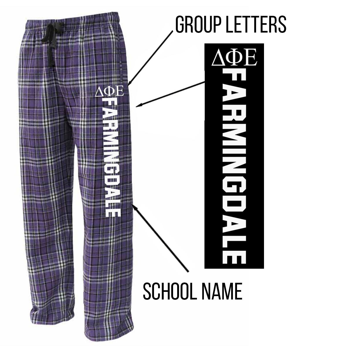 Greek Flannel Pants, Printed Greek Letters and School - FLNP - CAD