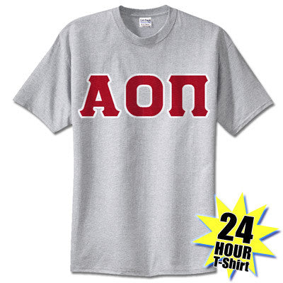 Alpha Omicron Pi Block Letters Pocket T-Shirt – Crimson Tee With White Pocket Design