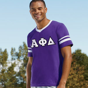 Alpha Phi Delta V-Neck Jersey with Striped Sleeves - 360 - TWILL