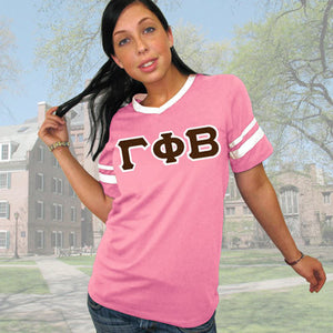 Gamma Phi Beta V-Neck Jersey with Striped Sleeves - 360 - TWILL