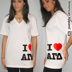 Greek 'I Love Alpha Gamma Delta' Custom Printed Sorority V-Neck Tee - Bella 3005 - CAD
