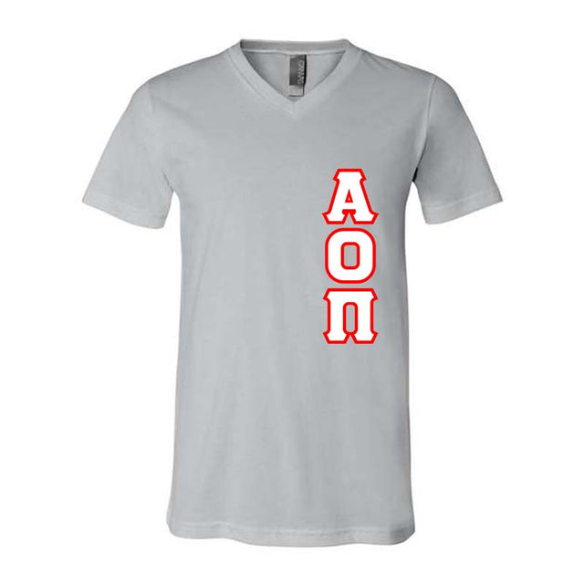 Alpha Omicron Pi Sorority V-Neck Shirt (Vertical Letters) - Bella 3005 - TWILL