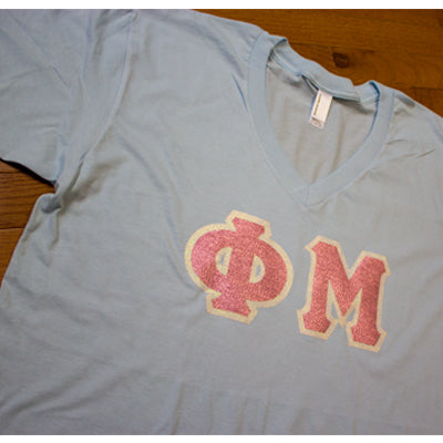 Sorority V-Neck Tee with Glitter Letters - Bella 3005 - TWILL
