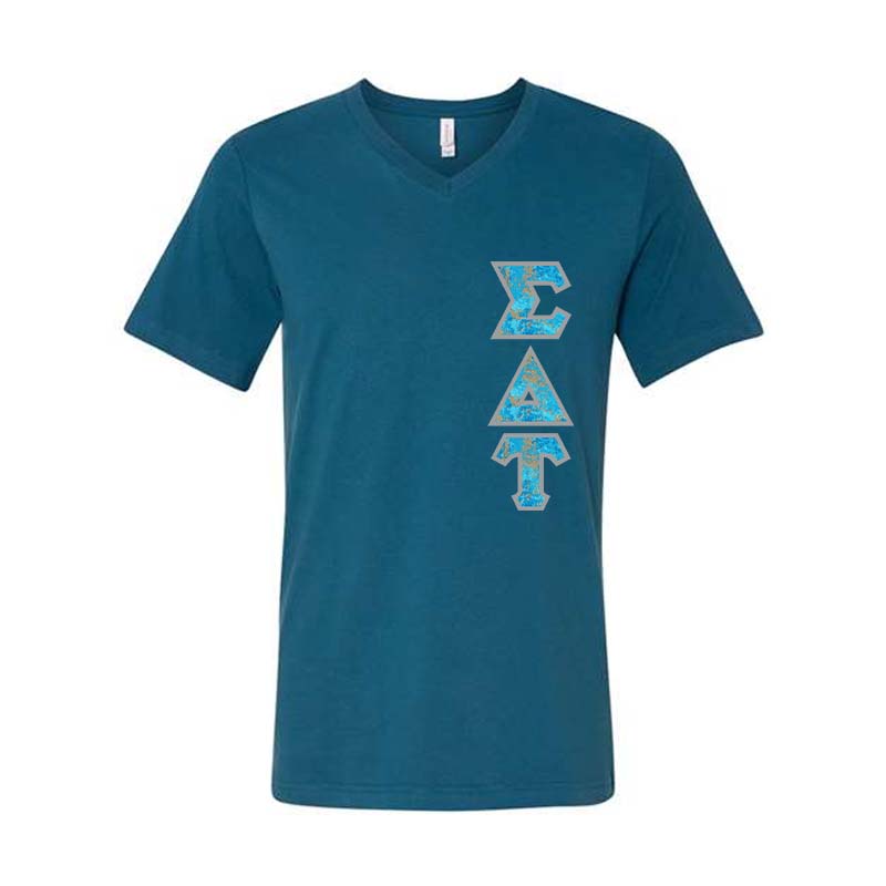 Sigma Delta Tau Sorority V-Neck Shirt (Vertical Letters) - Bella 3005 - TWILL