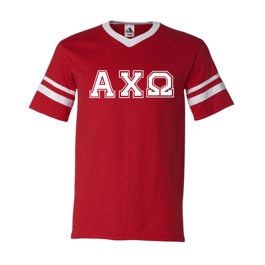 Sorority V-Neck Jersey with Striped Sleeves, Printed Varsity Letters - 360 - CAD