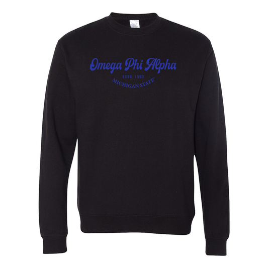 Omega Phi Alpha Crewneck Sweatshirt, Elegant Print Design