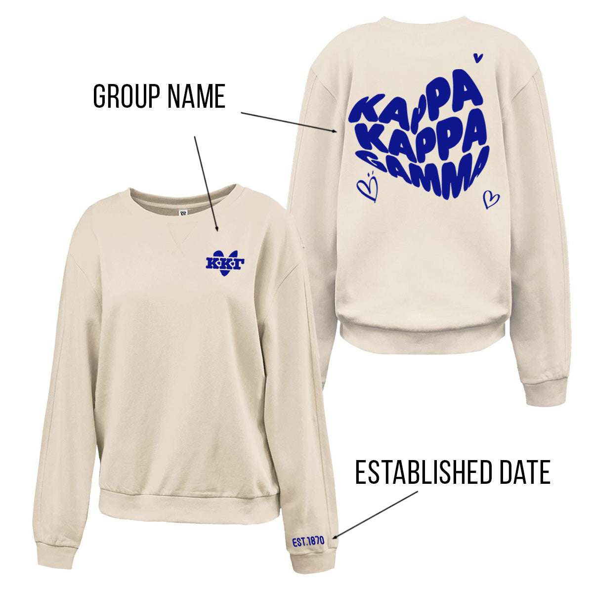Sorority Cross V-Crew, Printed Heart W/ Established Date Design