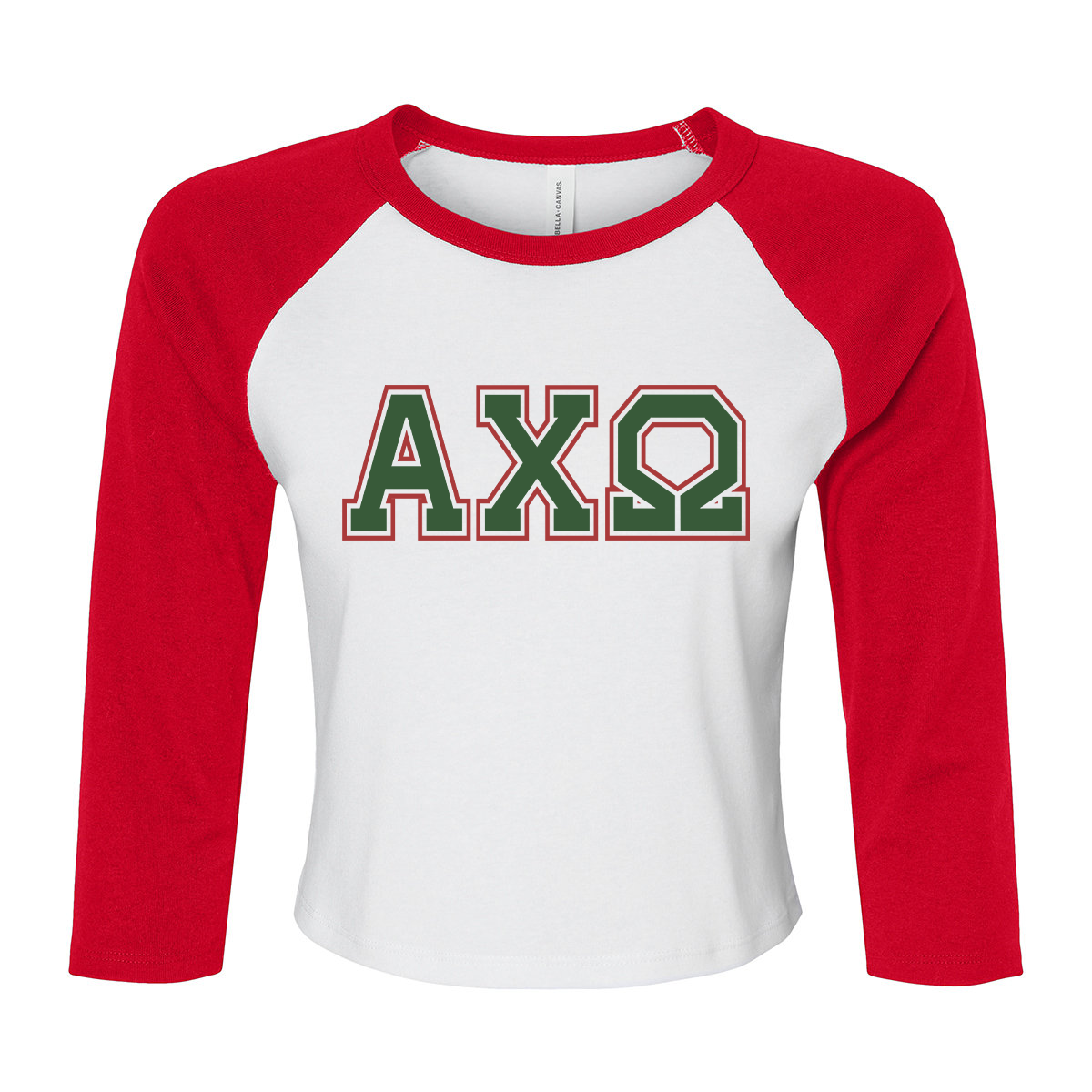 Sorority Micro Rib 3/4 Raglan Baby Tee, Printed Two Tone Varsity Letters