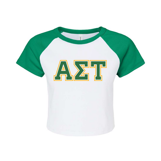 Sorority Two Tone Baby Tee, Printed Two Tone Varsity Letters