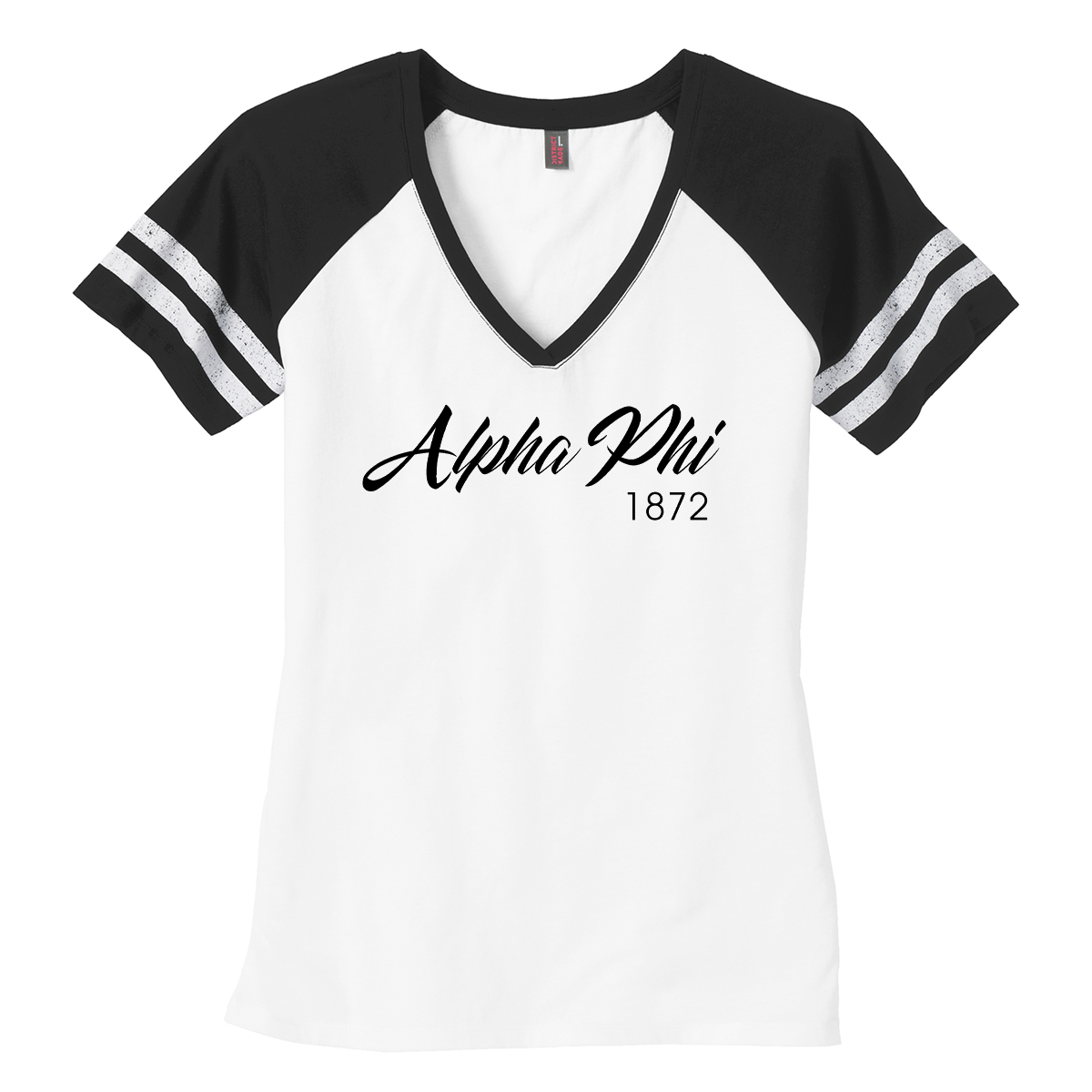 Sorority Game V-Neck Tee, Script Established Design
