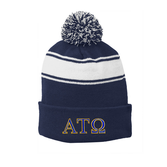 Fraternity Thick Striped Pom-Pom Beanie, 2-Color Greek Letters