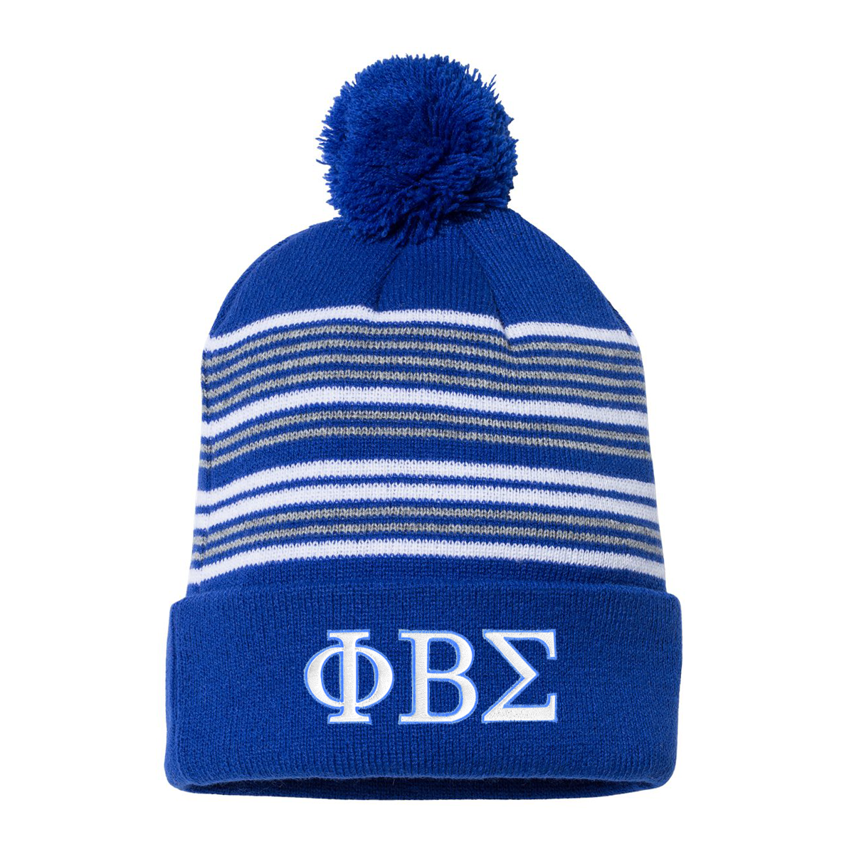Fraternity Striped Pom-Pom Beanie, 2-Color Greek Letters