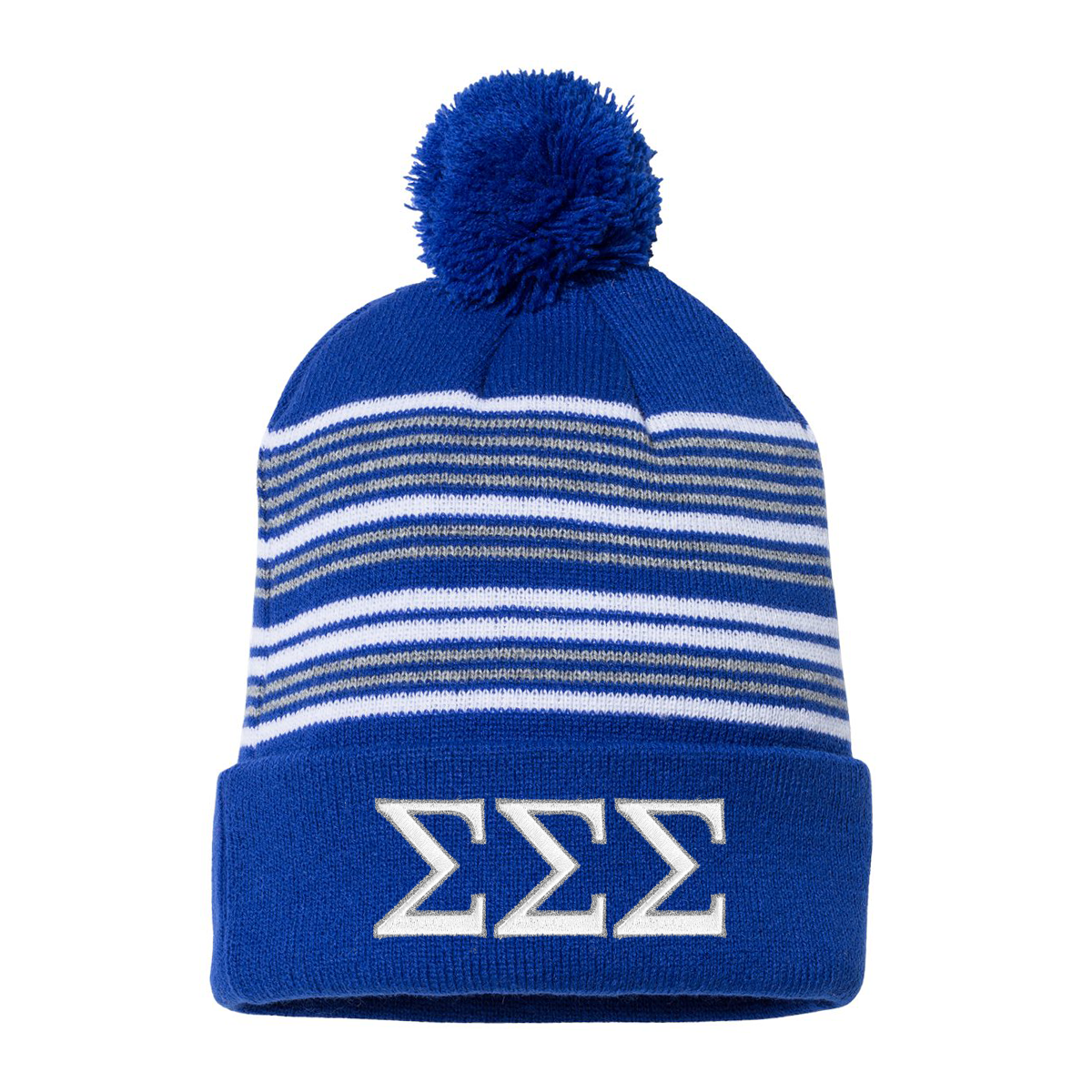 Sorority Striped Pom-Pom Beanie, 2-Color Greek Letters