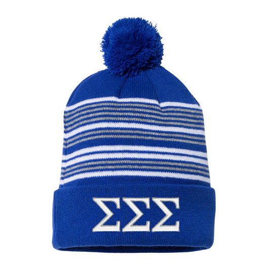 Sorority Striped Pom-Pom Beanie, 2-Color Greek Letters