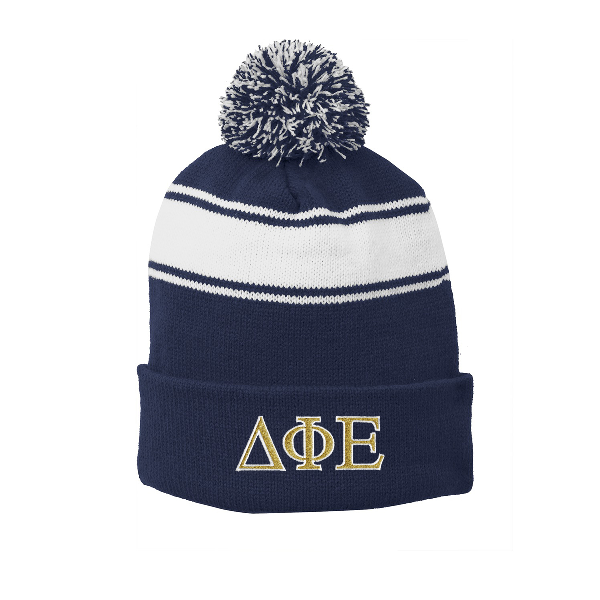 Sorority Thick Striped Pom-Pom Beanie, 2-Color Greek Letters