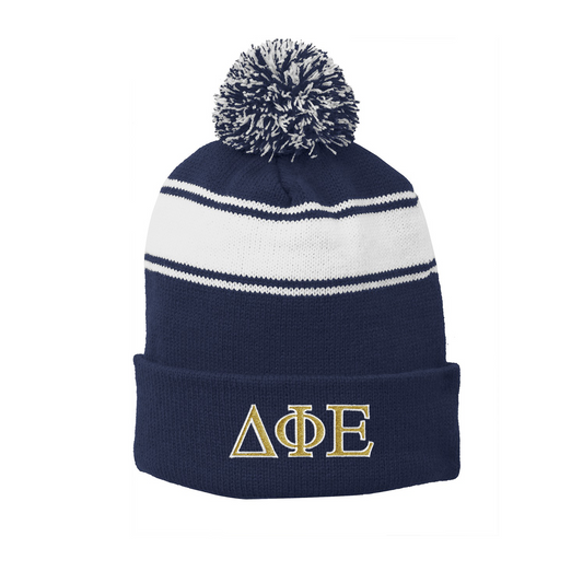 Sorority Thick Striped Pom-Pom Beanie, 2-Color Greek Letters