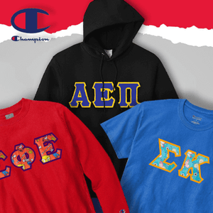 Champion branded apparel with fraternity and sorority letters on the front