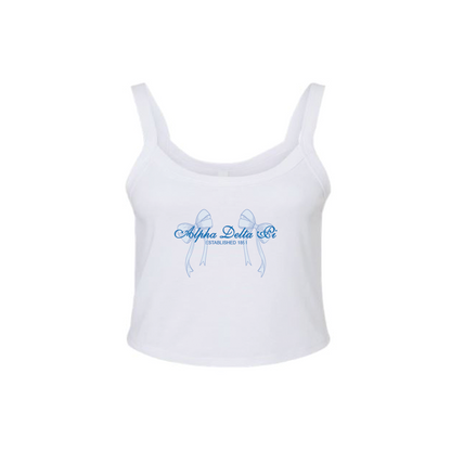 Sorority Crop Spaghetti Tank, Script Bow Design