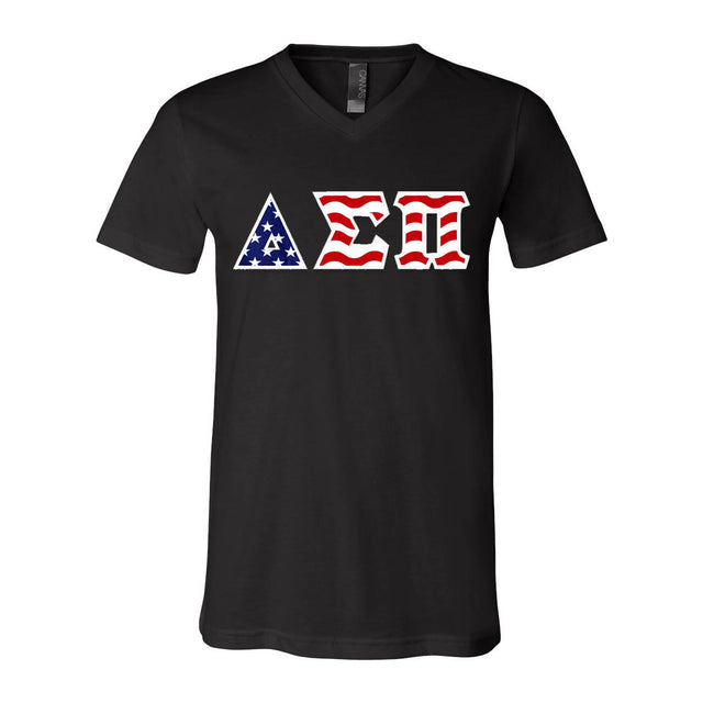 Greek V-Neck Tee, Stars and Stripes Letters - 3005 - TWILL