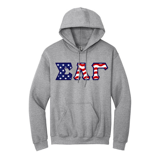 Greek Hooded Sweatshirt, Stars and Stripes Letters - G185 - TWILL