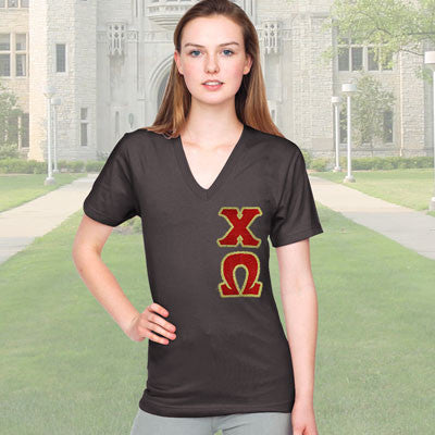 Chi Omega Sorority V-Neck Shirt , Vertical Letters- TWILL