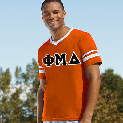 Phi Mu Delta V-Neck Jersey with Striped Sleeves - 360 - TWILL