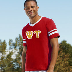 Psi Upsilon V-Neck Jersey with Striped Sleeves - 360 - TWILL