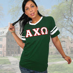 Alpha Chi Omega V-Neck Jersey with Striped Sleeves - 360 - TWILL