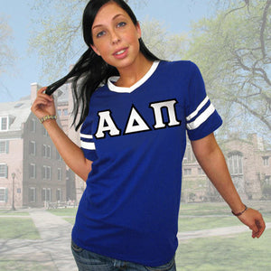 Alpha Delta Pi V-Neck Jersey with Striped Sleeves - 360 - TWILL