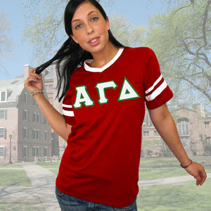 Alpha Gamma Delta V-Neck Jersey with Striped Sleeves - 360 - TWILL