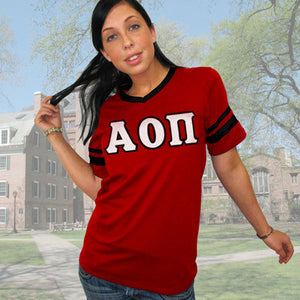 Alpha Omicron Pi V-Neck Jersey with Striped Sleeves - 360 - TWILL