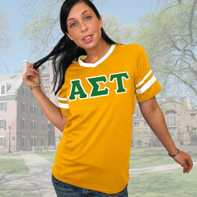 Alpha Sigma Tau Striped Tee with Twill Letters - Augusta 360 - TWILL