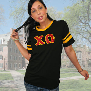 Chi Omega V-Neck Jersey with Striped Sleeves - 360 - TWILL