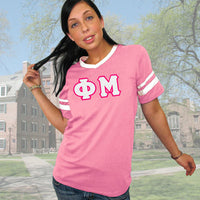 Phi Mu Striped Tee with Twill Letters - Augusta 360 - TWILL