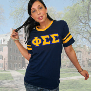 Phi Sigma Sigma V-Neck Jersey with Striped Sleeves - 360 - TWILL