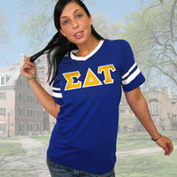 Sigma Delta Tau Striped Tee with Twill Letters - Augusta 360 - TWILL