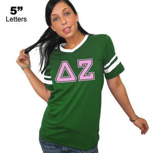 Sorority V-Neck Jersey with Striped Sleeves, Printed Varsity Letters - 360 - CAD