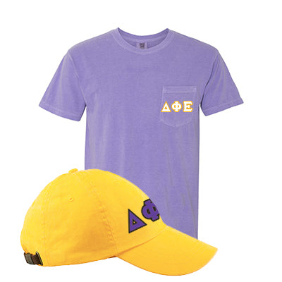 Sorority Pocket Tee & Pigment-Dyed Hat Package, Printed Greek Letters - Comfort Colors 6030 AD969 - DIG