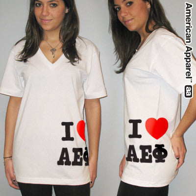 Greek 'I Love Alpha Epsilon Phi' Custom Printed Sorority V-Neck Tee - Bella 3005 - CAD