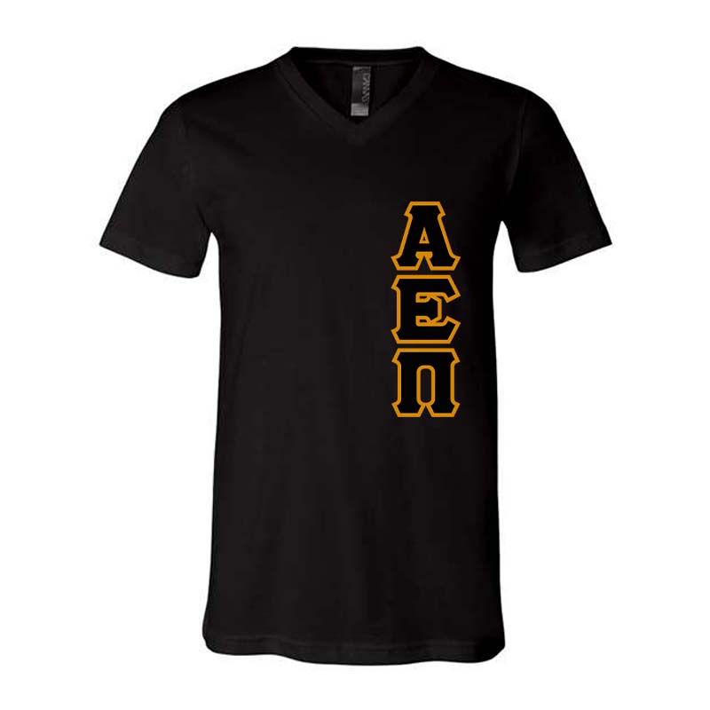 Alpha Epsilon Pi Fraternity V-Neck T-Shirt , Vertical Letters- TWILL