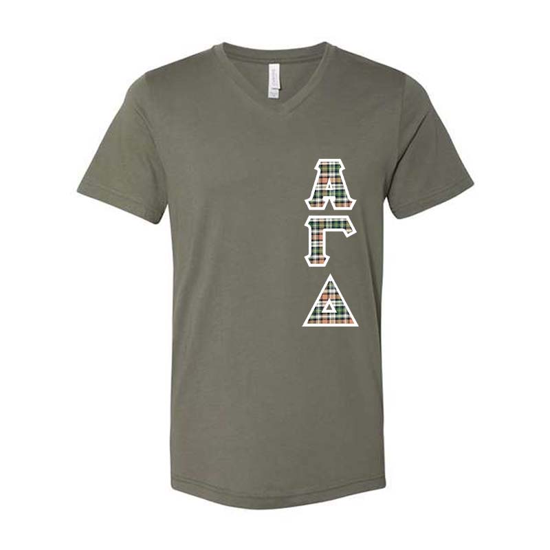 Alpha Gamma Delta Sorority V-Neck Shirt , Vertical Letters- TWILL