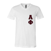 Alpha Phi Sorority V-Neck Shirt (Vertical Letters) - Bella 3005 - TWILL