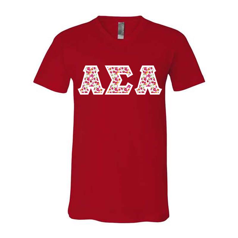 Alpha Sigma Alpha V-Neck Shirt, Horizontal Letters - TWILL