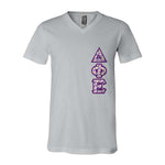 Delta Phi Epsilon V-Neck Shirt (Vertical Letters) - Bella 3005 - TWILL