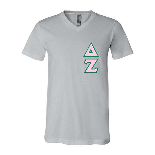 Delta Zeta Sorority V-Neck Shirt (Vertical Letters) - Bella 3005 - TWILL