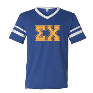 Fraternity V-Neck Jersey with Striped Sleeves, Printed Varsity Letters - 360 - CAD