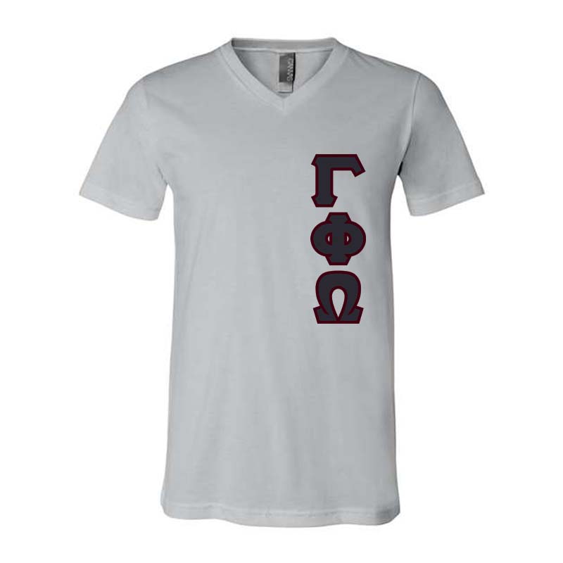 Gamma Phi Omega Sorority V-Neck Shirt , Vertical Letters- TWILL