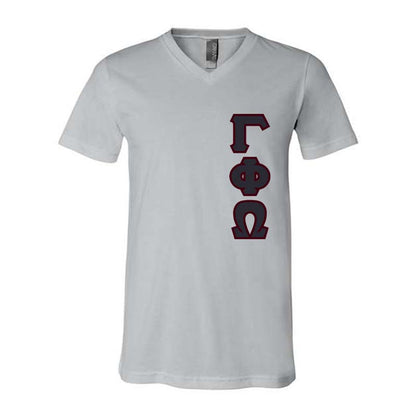 Gamma Phi Omega Sorority V-Neck Shirt , Vertical Letters- TWILL