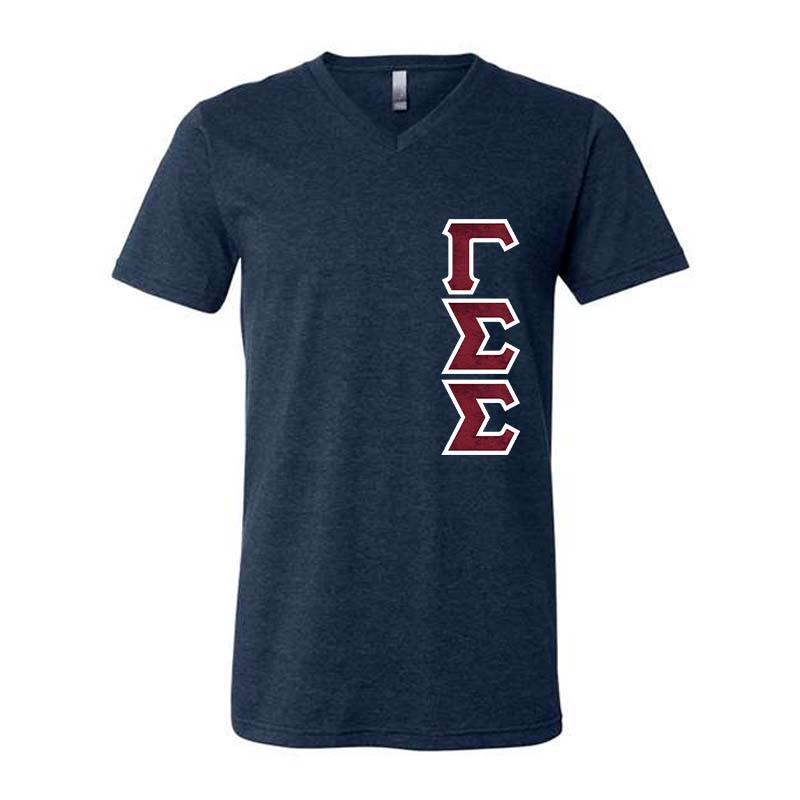 Gamma Sigma Sigma Sorority V-Neck Shirt , Vertical Letters- TWILL